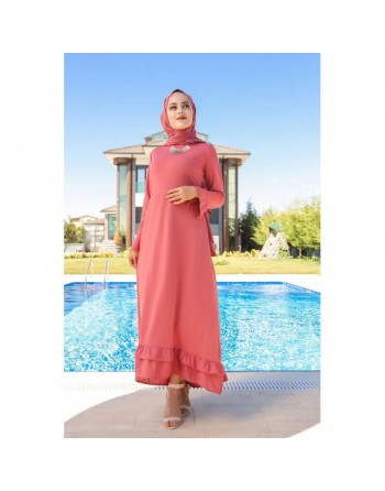 Robe très longue à volants (Abayas et vetements pour femmes voilées) - Couleur Rose 