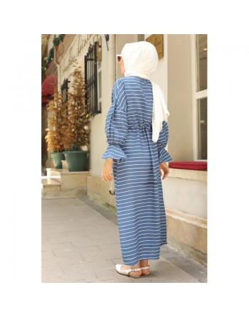 Robe longue à rayures avec ceinture pour femme voilée - Couleur bleu indigo 
