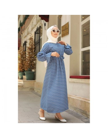 Robe longue à rayures avec ceinture pour femme voilée - Couleur bleu indigo 