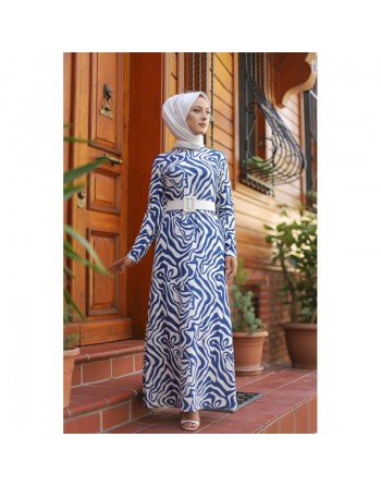 Robe longue avec imprimé effet vague (Hijab Street Turque) - Couleur Bleu et Blanc 