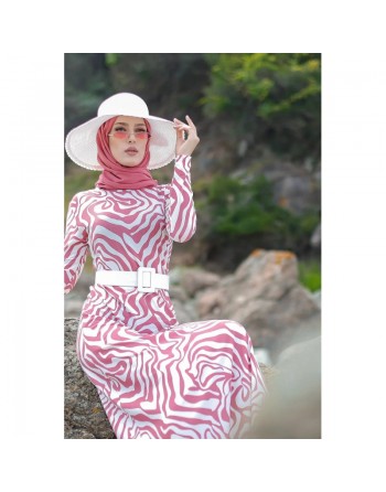 Robe longue avec imprimé original (Mode Hijab) - Couleur Rose et Blanc 