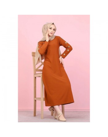 Robe casual décorée de boutons pour femme voilée (Modest Fashion France) - Couleur brique 