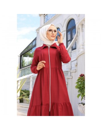 Veste zippée légère mi longue (Vetement ample pour femme voilée) - Couleur rouge bordeaux 