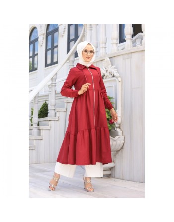 Veste zippée légère mi longue (Vetement ample pour femme voilée) - Couleur rouge bordeaux 