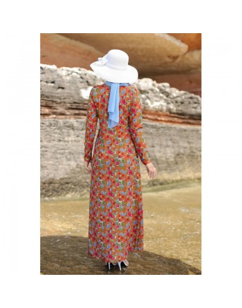 Robe musulmane longue à motif fleur multicouleur sur un fond de couleur Marron 