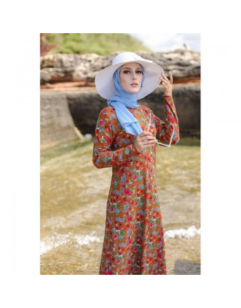 Robe musulmane longue à motif fleur multicouleur sur un fond de couleur Marron 