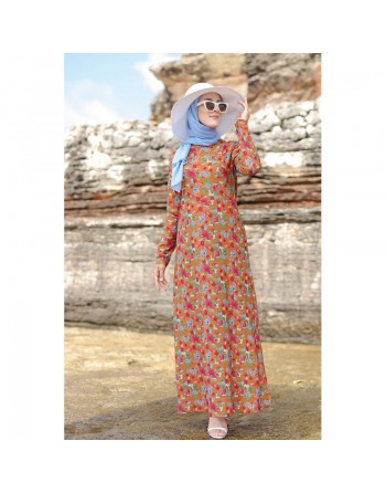 Robe musulmane longue à motif fleur multicouleur sur un fond de couleur Marron 