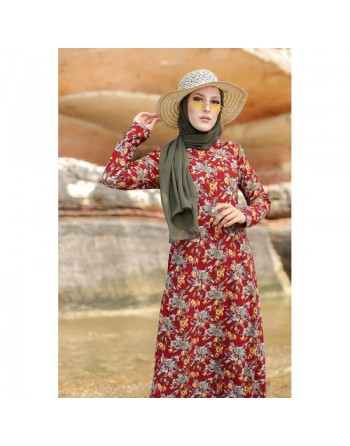 Robe longue fleurie sur un fond de couleur Grenat pour femme voilée (Boutique en ligne Modeste fashion France) 