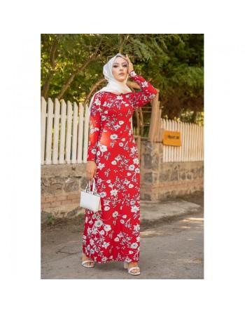 Robe longue fleurie (Boutique en ligne Hijab Street & Outfit) - Couleur rouge 