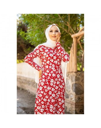 Robe longue à fleurs (Robes fleuries femme hijab pas cher) - Couleur rouge 