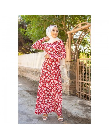Robe longue à fleurs (Robes fleuries femme hijab pas cher) - Couleur rouge 