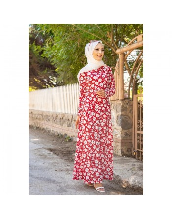 Robe longue à fleurs (Robes fleuries femme hijab pas cher) - Couleur rouge 