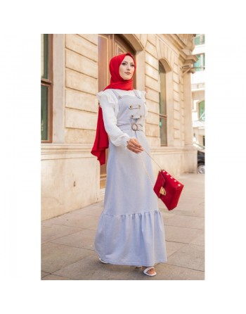 Robe bretelle (Salopette ) et sa ceinture assortie pour femme (Vetement hijab moderne en ligne) - Couleur gris clair chiné 