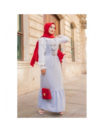 Robe bretelle (Salopette ) et sa ceinture assortie pour femme (Vetement hijab moderne en ligne) - Couleur gris clair chiné 