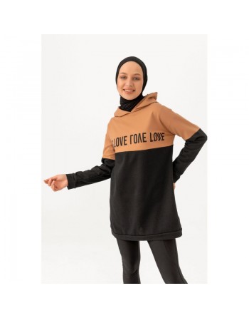 Tunique avec capuche pour femme (Sweat-shirt moderne avec inscription Love) - Couleur noir et biscuit 