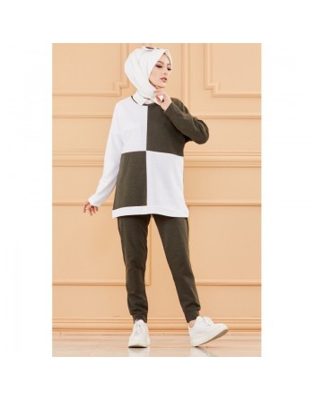 Ensemble femme bicolore (Tenue hijab décontracté et sport - Collection 2024) - Couleur blanc et kaki 
