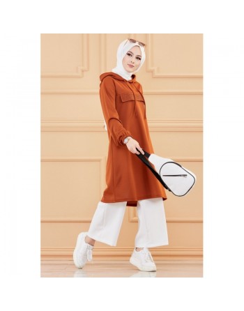 Tunique décontractée avec strass et capuche (Vêtement moderne pour jeune musulmane) - Couleur brique 
