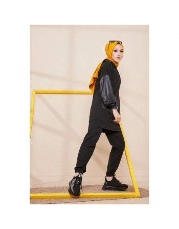 Ensemble décontracté fashion skai (Sweat capuche et pantalon) - Couleur noir 