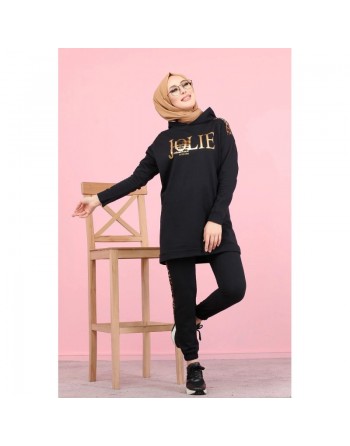 Ensemble sportswear femme motif panthère Tunique à capuche et Pantalon (Hijab Sportswear) - Couleur noir 