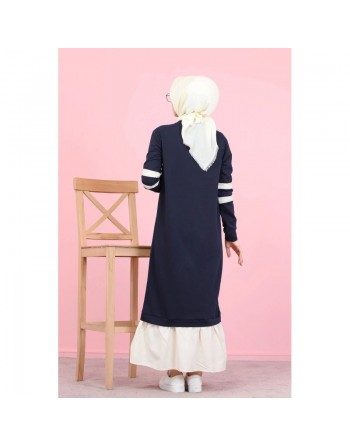 Robe longue moderne bi-couleur pour femme (Vetement musulman hijab pas cher et mastour) - Couleur bleue marine et blanc 