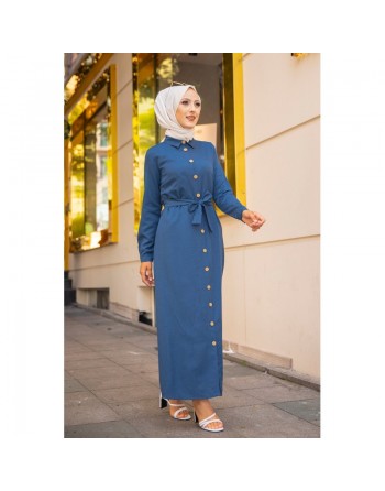 Robe boutonnée avec ceinture assortie pour femme (Tenue de ville chic pour hijab) - Couleur bleu pétrole 
