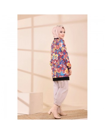 Veste Tunique avec motifs fleurs pour femme - Couleur prune 
