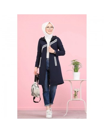 Veste sweat à capuche avec bandes pour jeune femme musulmane - Couleur bleu marine 