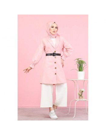 Veste longue classique boutonnée élégante (Vêtement Hijab) - Couleur rose 
