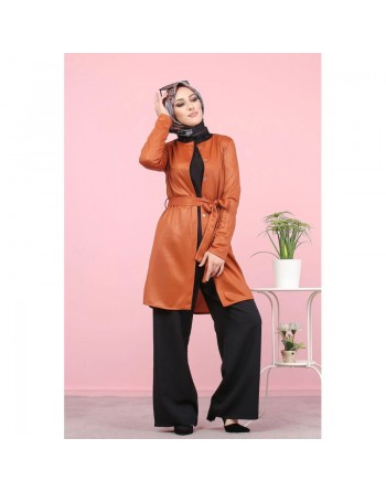 Veste-tunique satinée à ceinture pour femme (Mode musulmane en ligne pas cher) - Couleur rouille 