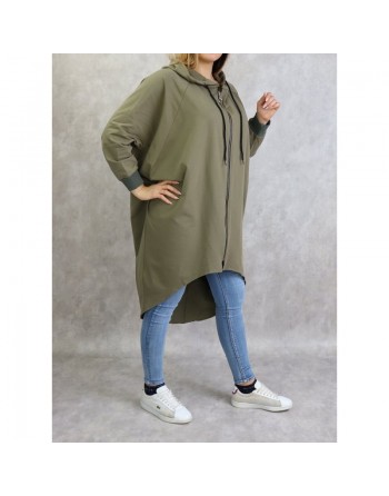 Veste longue sportswear avec capuche de couleur kaki 