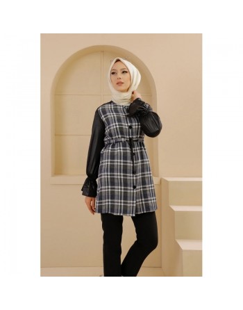 Tunique à carreaux et skaï pour femme (Vêtement Hijab - Collection) - Couleur bleu écru 