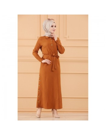 Robe longue boutonnée avec ceinture pour femmes (Vêtements style habillé pour hijab) - Couleur rouille 