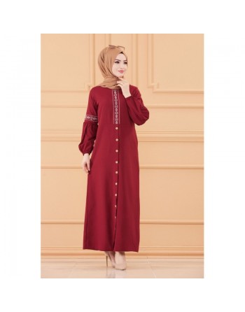 Robe longue brodée pour femme musulmane (Tenue Hijab classique) - Couleur bordeaux 