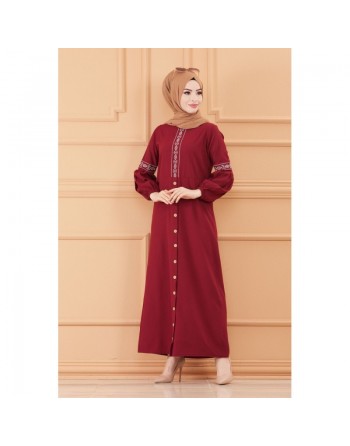 Robe longue brodée pour femme musulmane (Tenue Hijab classique) - Couleur bordeaux 