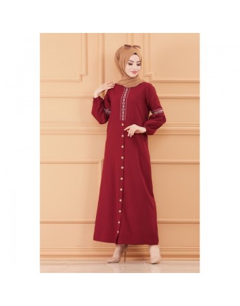 Robe longue brodée pour femme musulmane (Tenue Hijab classique) - Couleur bordeaux 