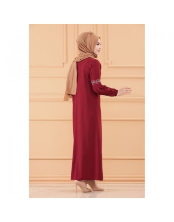 Robe longue brodée pour femme musulmane (Tenue Hijab classique) - Couleur bordeaux 
