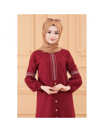 Robe longue brodée pour femme musulmane (Tenue Hijab classique) - Couleur bordeaux 