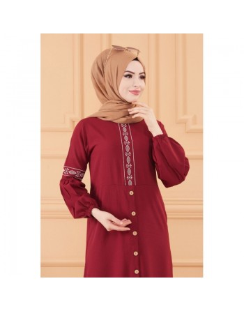 Robe longue brodée pour femme musulmane (Tenue Hijab classique) - Couleur bordeaux 