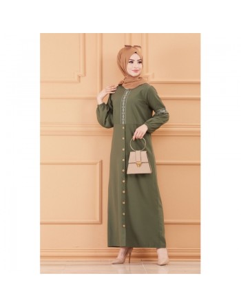 Robe longue brodée pour femme musulmane (Tenue Hijab classique) - Couleur kaki 