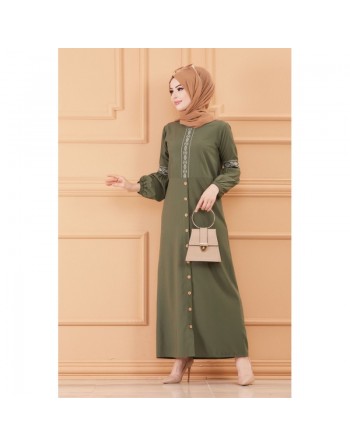 Robe longue brodée pour femme musulmane (Tenue Hijab classique) - Couleur kaki 