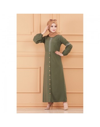 Robe longue brodée pour femme musulmane (Tenue Hijab classique) - Couleur kaki 