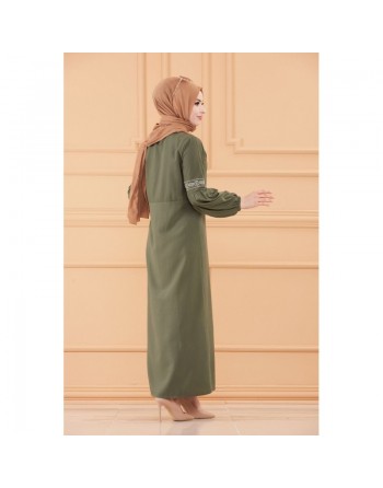 Robe longue brodée pour femme musulmane (Tenue Hijab classique) - Couleur kaki 