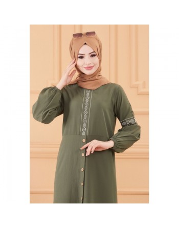 Robe longue brodée pour femme musulmane (Tenue Hijab classique) - Couleur kaki 