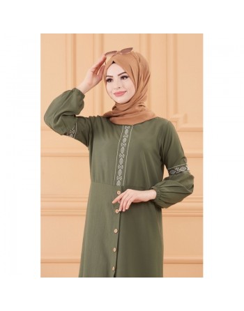 Robe longue brodée pour femme musulmane (Tenue Hijab classique) - Couleur kaki 