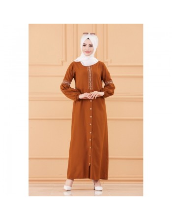 Robe longue brodée pour femme musulmane (Tenue Hijab style habillé) - Couleur tabac 