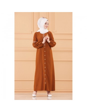 Robe longue brodée pour femme musulmane (Tenue Hijab style habillé) - Couleur tabac 