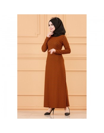 Robe longue à pois pour femme (Vetement musulman chic) - Couleur tabac 