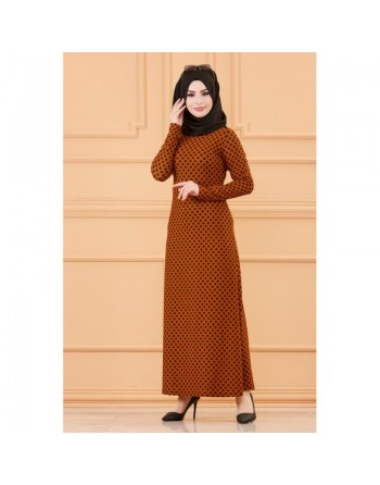 Robe longue à pois pour femme (Vetement musulman chic) - Couleur tabac 