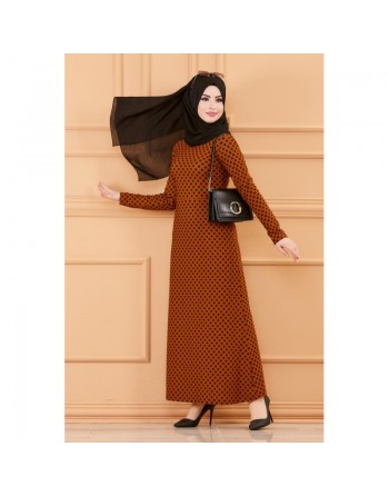 Robe longue à pois pour femme (Vetement musulman chic) - Couleur tabac 