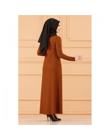 Robe longue à pois pour femme (Vetement musulman chic) - Couleur tabac 